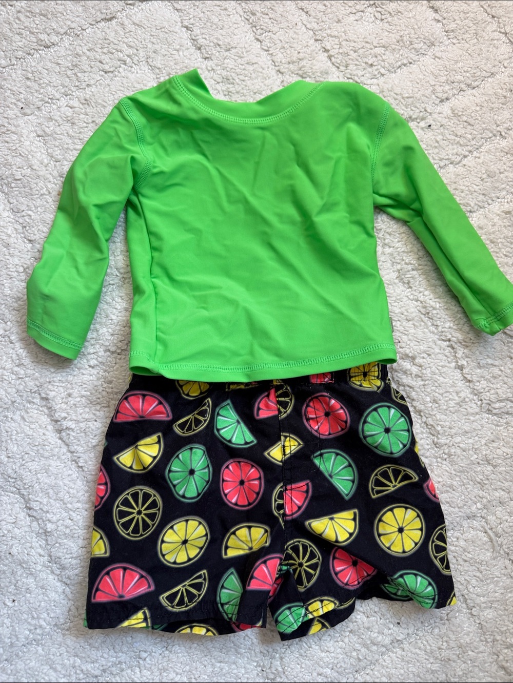 Kids Green Rash Guard Top with Citrus Print Swim Trunks